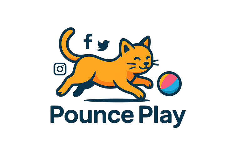 logo of my brand Pounce pay with a cat chasing a ball and with social media icons , its for growth communit of pets etc